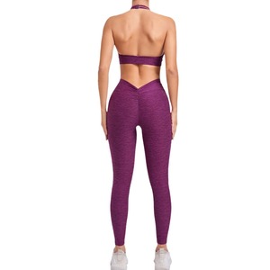 Conjunto de Yoga de 2 Piezas con Logotipo Personalizado, Cuello Halter, Escote Profundo en V, Cintura Alta para Mujer, con Tela Transpirable de Secado Rápido de Spandex/Nailon - Product Image 4