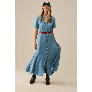 Vestido Maxi Azul Claro de Tela Tencel con Detalle de Botones, Cintura Drapeada y Diseño con Abertura, para Oficina y Fiestas, Talla XS, ODM - Product Image 5