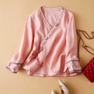 Haut en coton respirant brodé oblique pour femme, style chinois d'été, rétro artistique, ample, amélioré, vêtements Hanfu, thé, <span class=keywords><strong>zen</strong></span> - Product Image 2