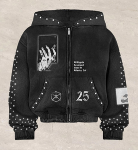 2025 nouveauté personnalisé unisexe lavé à l'acide en détresse sweat à capuche zippé avec strass, sérigraphie 100% coton polaire - Product Image 1