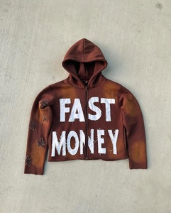 Sudadera con Capucha y Cremallera Completa con Estampado de Estrella de Dinero Rápido para Hombre, Ropa Urbana, Sudadera Extra Grande con Pintura en Aerosol, Sudadera Vintage con Lavado Desgastado - Product Image 2