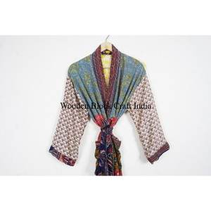 Luxury Floral Elegant Silk Patchwork Kimono Robe Handmade Indian Vintage Recycled Silk Sari <b>Long</b> <b>Sleeve</b> Drawstring Closure - Product Image 2