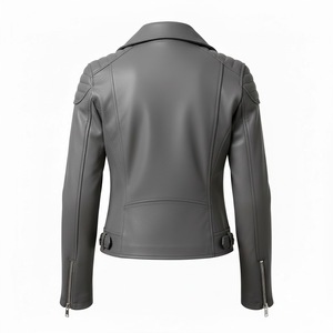 Chaqueta de Motociclista de Cuero Gris Personalizada al por Mayor, Chaqueta de Cuero Genuino Estilo Motero para Mujer, Suministro de Fábrica al por Mayor - Product Image 3
