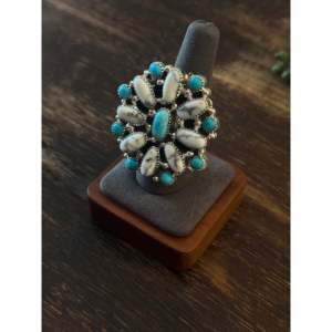 Navajo-Handmade Trendy Sterling Silver Multi-Stone <b>Adjustable</b> Cluster <b>Ring</b> Turquoise Bezel One Size Fits All Perfect Gift - Product Image 4