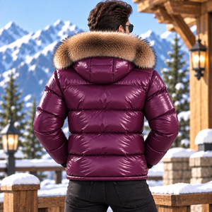 <b>Men's</b> Fashion Leather Puffer <b>Coat</b> Fox Fur Hood Quilted Breathable Casual Plaid Pattern <b>Summer</b> Outdoor Jacket - Product Image 6