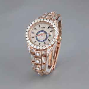 Montre de luxe en or rose entièrement sertie de diamants en moissanite, bracelet en acier inoxydable, bijoux hip-hop, style brillant de qualité supérieure - Product Image 1