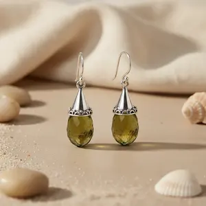 Boucles d'oreilles pendantes en argent 925 avec quartz vert olive pour femmes, plaquées or avec diamant et perle, bijoux de mariage chrétiens - Product Image 3