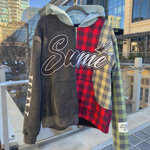 Sweat à capuche zippé brodé et imprimé sur mesure en flanelle de coton épais patchwork OEM - Product Image 1