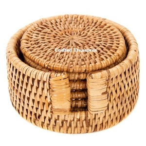 Embossed Leather Slate <b>Set</b> of 12 Coasters Black Round Shape Non-Slipping <b>Cup</b> Pads with Leather Holder for Glasses & <b>Cups</b> - Product Image 6