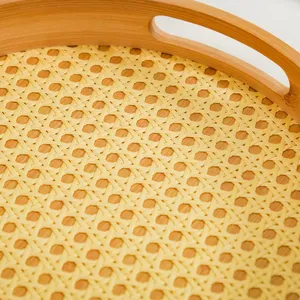 Plateaux de service ronds en rotin tissé Plateaux de petit-déjeuner en bois de bambou naturel Plateaux ottomans décoratifs avec poignées Table basse Maison - Product Image 5