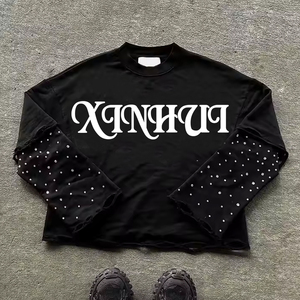 เสื้อยืดแขนยาวสองชั้นสำหรับผู้ชายเสื้อผ้าครอปผ้าฝ้ายปักประดับพลอยเทียม - Product Image 5