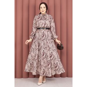 Robe Hijab Marron Style Modeste avec Motif Châle en Tissu Mousseline et Taille Froncée - Product Image 1