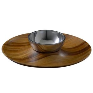 Elegante y moderna bandeja de astillas de madera de teca y bandeja de inmersión con cuenco de acero inoxidable para servir aperitivos y salsas - Product Image 4