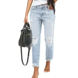 Pantalones Vaqueros de Mezclilla Lavables para Mujer, Cintura Alta, Estilo Sehe Fashion, con Decoración de Agujeros, Corte Recto - Product Image 1