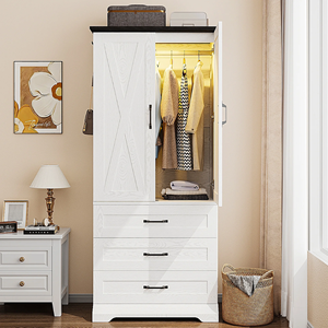 Armoire de chambre à coucher en bois avec lumière à capteur et 3 tiroirs, armoire avec 2 portes et tringle de suspension - Product Image 1