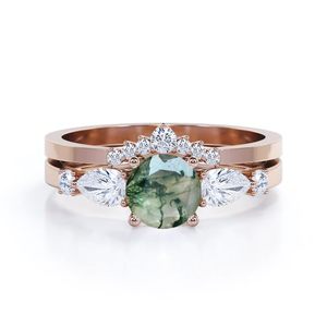 Anillo de Boda Clásico Art Deco con Ágata Verde Musgo de Corte Redondo de 0.8 Quilates, Plata de Ley 925 para Mujer - Product Image 2