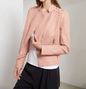 <b>Pink</b> Leather Women's <b>Jackets</b> Slim Fit Moto Style Studded Shoulders Asymmetrical Zip Biker Outerwear with Zipper Pockets - Product Image 6