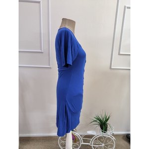 Women's Short-Sleeved Wrap-Around Neckline Short <b>Viscose</b> <b>Dress</b> with Asymmetrical Front Detail, 35756 - Saks Blue - Product Image 5
