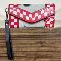 Portefeuille-pochette en cuir de vache véritable tendance 2025 pour femmes, fait à la main, motif à carreaux rouge et blanc, portefeuille en cuir à poils