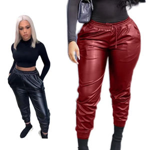 Cintura ahueca hacia fuera Color negro de longitud completa Casual moda mujer pantalones de cuero - Product Image 1