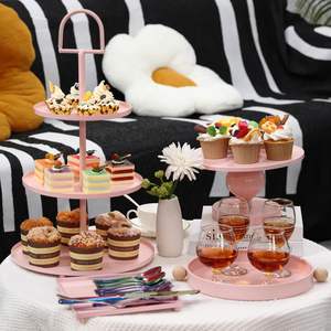 Support à cupcakes à 3 étages en métal rose, fait à la main, écologique, pour la présentation de desserts décoratifs, ustensiles de cuisine, plateau de service avec un ensemble de couverts - Product Image 2