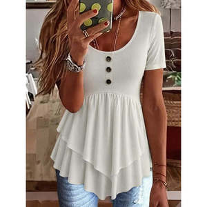 Blusa de viscosa con corte asimétrico y botones en la parte delantera, cuello redondo y manga corta para mujer, 33849 - Product Image 1