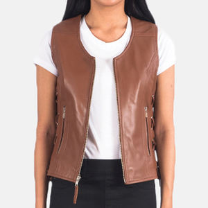 Genuine Leather Vest for <b>Women</b> Zipper Lapel Sleeveless Side Laces Biker Moto Slim Motorcycle <b>Waistcoat</b> Solid Soft Leather Vest - Product Image 2