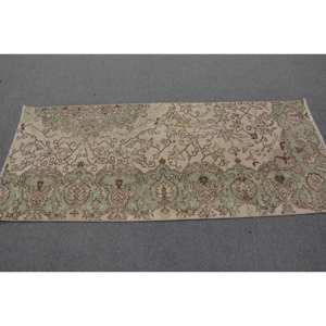 Alfombra turca Vintage, área grande, 2,7x6,4 pies, lana hecha a mano con patrón de retazos verde y Beige, respaldo de látex para decoración de habitación de pasillo - Product Image 3