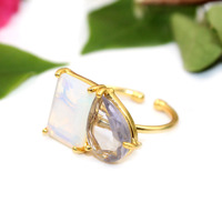 Designer Princesse Mode 24k Jaune Plaqué Or Opalite Et Lite Améthyste Toi et Moi Bague En Laiton En Gros Bijoux Pour Femmes