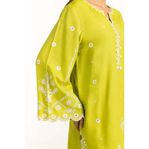 Camisa y Pantalón de Satén de Seda Cruda Bordada en Verde Claro para Mujer, Primavera/Verano - Product Image 5