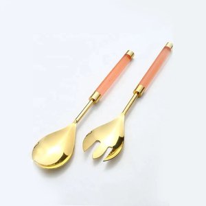 Expensive Golden Finished Brass <b>Salad</b> <b>Servers</b> With Agate Handle Small Size Fork And Spoon Home And Hotel Usage - Product Image 2