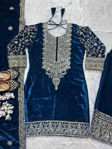 Vestido de algodón de seda Chinon de 3 piezas de estilo indio étnico moderno para mujer, estampado dibujado a mano, corte recto Kurti para adultos Salwar - Product Image 4