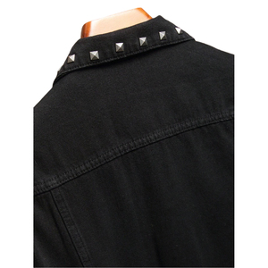 Veste en jean décontractée noire pour homme STITCHMODE avec style punk délavé, col montant, fermeture à simple boutonnage - Product Image 2