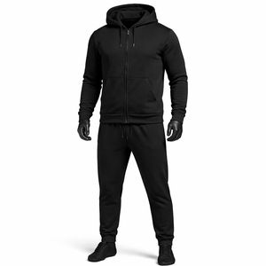 Ensemble de survêtement personnalisé noir uni avec fermeture éclair, veste à capuche et pantalon de jogging en coton et polyester, OEM ODM, vêtements de sport unisexes - Product Image 1