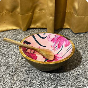 Ensaladera de madera de mango hecha a mano de 10x3 pulgadas con cuchara y tenedor ecológicos Resina exterior pulida personalizable hecha a mano en la India - Product Image 6