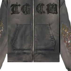 Fabricante Sun faded bordado cremallera French Terry Streetwear ácido lavado 500gsm Zip up Rhinestone Hoodie Denim Tears Hoodie - Product Image 6