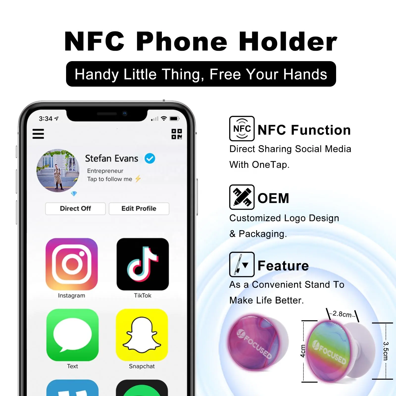 Logo personnalisé NFC médias sociaux téléphone support de prise flexible poignée