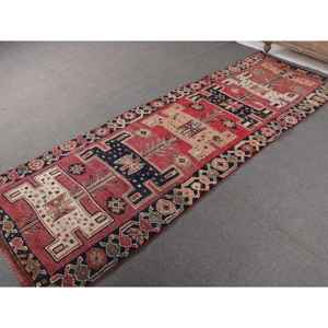 Tapis turc 3,2 x 9,8 pieds, tapis de couloir vintage, tapis à carreaux rouge et bleu - Product Image 2