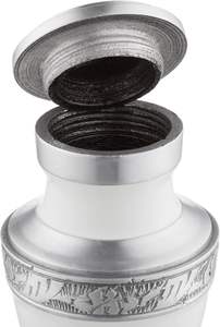 Petite urne commémorative de crémation pour cendres humaines Urne souvenir miniature blanche et argentée avec étui en velours - Product Image 5