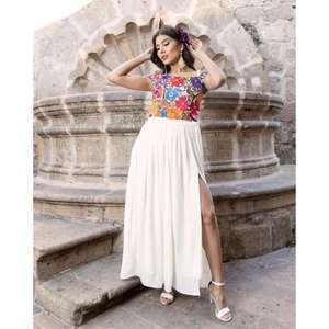Women Embroidered Maxi <b>Dress</b> Mexican Floral Bodice Long <b>Dress</b> <b>Short</b> Sleeve Ethnic Boho Summer Gown Side Slit Natural Washable - Product Image 1