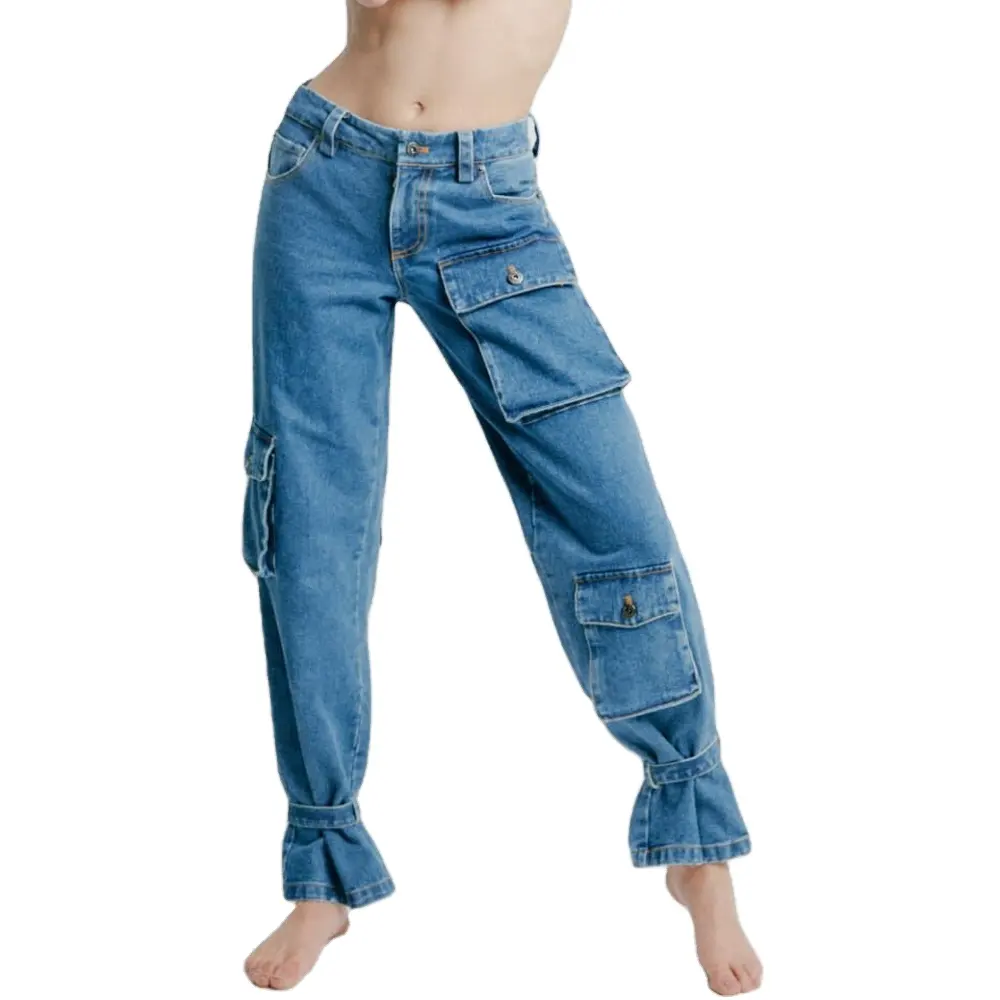 بيع بالجملة أزياء جينز ممزق سراويل جينز نسائية جيب جانبي بنطلون جديد بنطلون للنساء بنطلون جينز كارجو