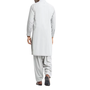 Wholesale 2026 Sophisticated <b>Light</b> Grey Traditional Shalwar Kameez For Men With Band Collar And Straight Cut Styling Ideal - Product Image 6