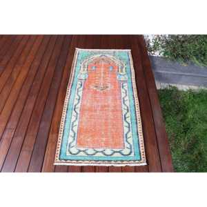 Tapis turc 2,1 x 4,4 pieds, petit tapis vintage, tapis abstrait orange - Product Image 1