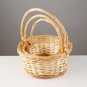 Handcrafted Rattan Round <b>Gift</b> <b>Basket</b> Set / Natural Woven Wicker <b>Hamper</b> with High Arch Handle - Product Image 2