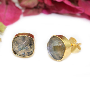 ต่างหูเม็ดเดี่ยวอัญมณีลาบราดอไรต์ธรรมชาติสไตล์โบโฮต่างหูเม็ดกลมเคลือบทองขายส่งสำหรับอินเดีย - Product Image 2