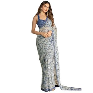 Sari en Georgette pour femmes Trendmalls avec travail de miroir, chemisier non cousu, coupe régulière, style de fête, occasion de mariage, toutes saisons, en stock - Product Image 1
