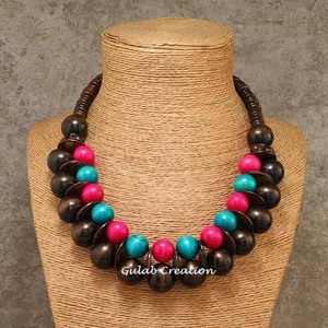 Gargantilla de 2 capas con cuentas de madera multicolor marrón pintada a mano, estilo étnico bohemio, moda personalizable ecológica - Product Image 4