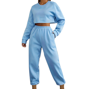 ชุดเสื้อครอปถักสำหรับผู้หญิงชุดครอปแบบหลวมเสื้อครอปใส่วิ่งเสื้อครอปและกางเกง - Product Image 1