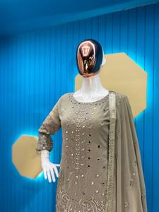 Designer vert olive Georgette Sharara Suit Heavy Sequence Work Vêtements ethniques pour les fêtes, les mariages et les occasions festives - Product Image 3