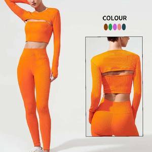 Ensemble legging d'entraînement pour femmes 3 pièces, solide et écologique, sans couture, hautement extensible, avec logo à manches longues, trous pour les pouces, ensemble de yoga - Product Image 1